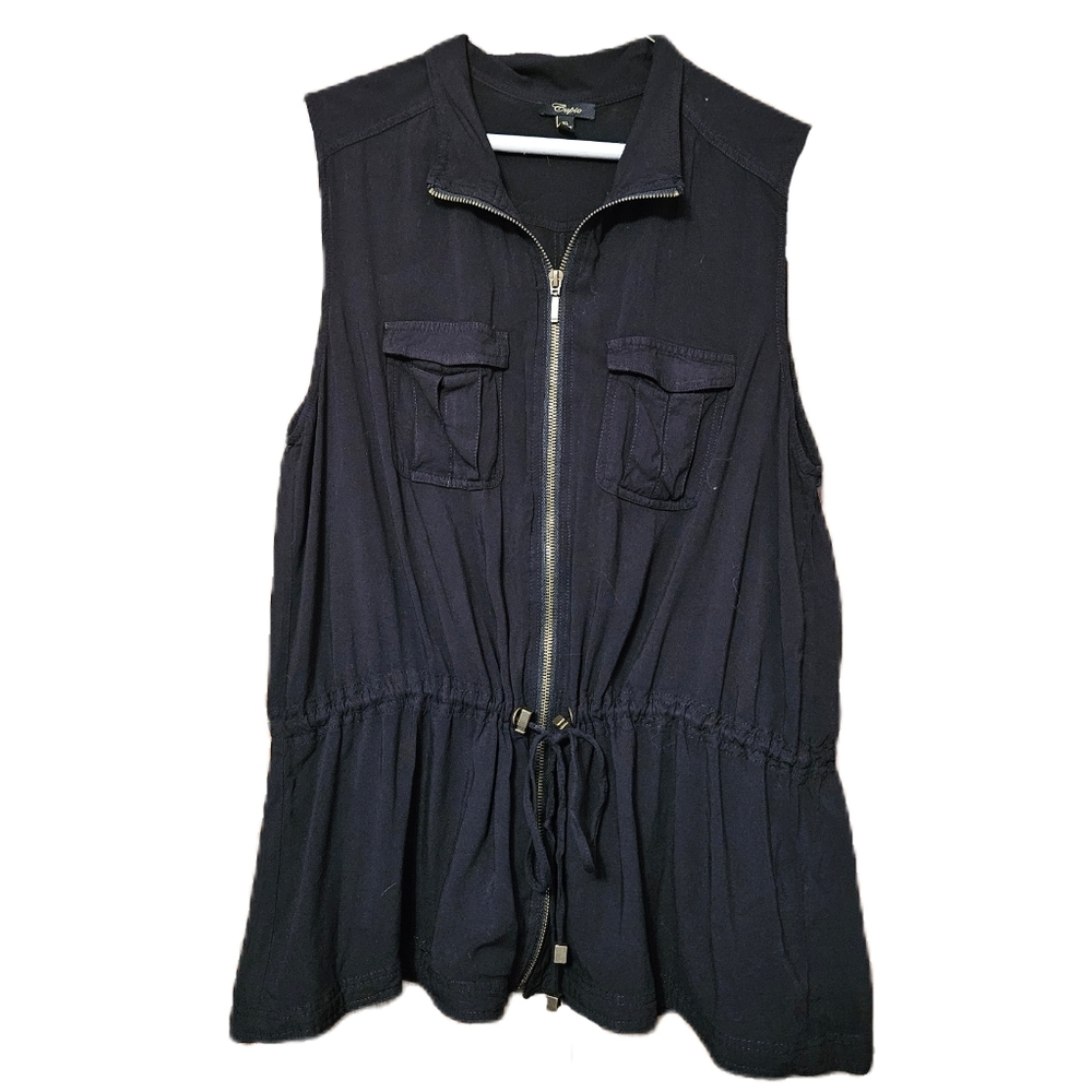 Cupio Black Drawstring Vest - Sleeveless Zipper Top - Size XL